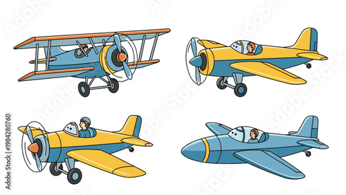 Collection of four unique vintage airplanes with propellers, showcasing various classic biplane and monoplane designs, perfect for aviation enthusiasts.