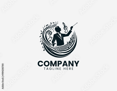 Music conductor silhouette with flowing notes is illustrated in bold elegant black vector logo style on white background