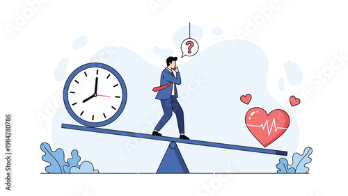 Thoughtful businessman balancing on a seesaw with a large clock on one side and a heart on the other, symbolizing work-life balance and prioritizing health.