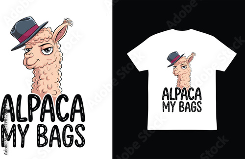 Funny alpaca wearing a hat, 'Alpaca My Bags' travel humor t-shirt design.