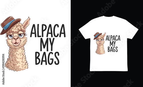 Alpaca wearing a hat and glasses, alpaca my bags, travel, vacation, funny pun.