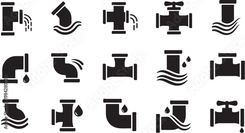 Black and white plumbing symbols and icons set