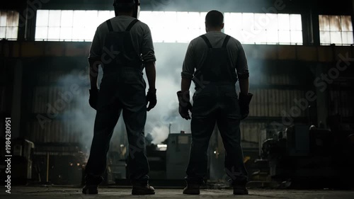 Industrial Workers in a Factory Setting with Dramatic Lighting