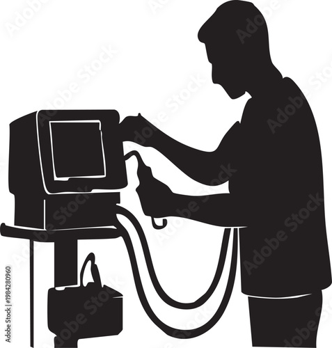 Vector Silhouette of Respiratory Therapist Adjusting Hospital Ventilator Settings