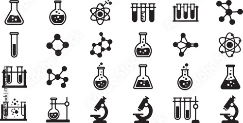 Science Laboratory Equipment and Chemical Symbols Icons