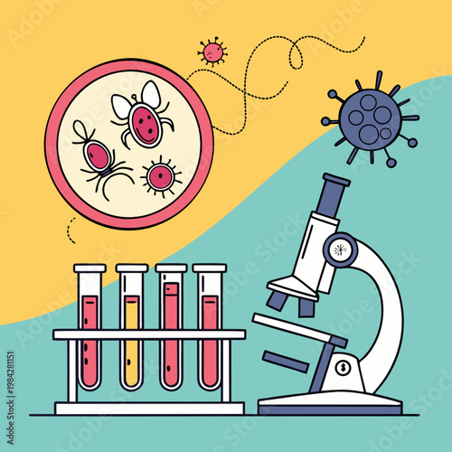 Biology research concepts featuring microscope and test tubes with microscopic view of parasites and viruses for infectious disease medical studies.