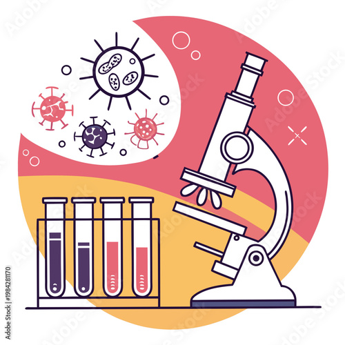 Diagnostic laboratory background with microscope and test tubes showing viral and bacterial pathogens in petri dish style for medical research work.