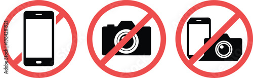 Foto Three Red Prohibition Signs Showing No Mobile Phone and No Camera Icons no phone