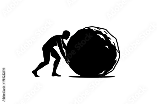 Perseverance in Action: A silhouette of a determined individual straining to push a massive boulder uphill.