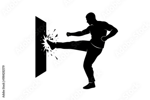 Breaking Through: A silhouette of a person delivers a powerful kick, shattering a barrier in a bold display of determination and empowerment.