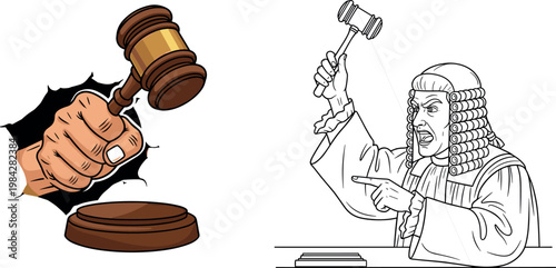 Professional Judge Gavel Vector Set with Hand Holding Wooden Hammer and Comic Style Judge Character for Legal Services, Auction Concepts, and Justice System Designs