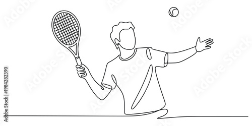 Minimalist one line art illustration of a sportsman playing tennis with a racket and ball.