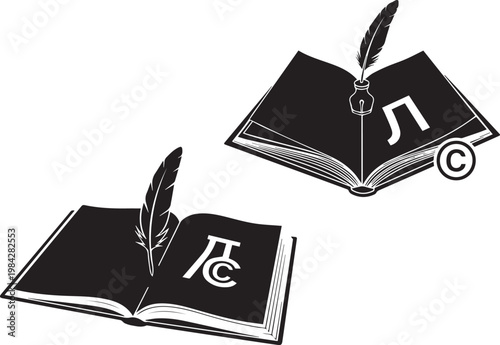 Creative writing and intellectual property concept featuring an open book with a quill pen and inkwell, symbolizing authorship and copyright protection in literature and creative works