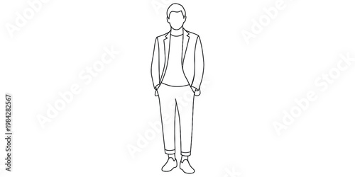 Minimalist black and white line drawing of a stylish man wearing a blazer and trousers