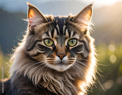 Majestic long-haired tabby cat portrait, golden light. Green eyes & striking markings. Soft background