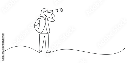 Minimalist single line art illustration of a woman observer using a telescope to see far