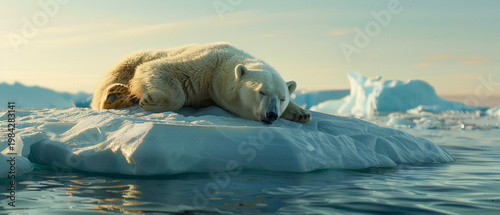 Sleeping Polar Bear on Iceberg in Arctic Sunset