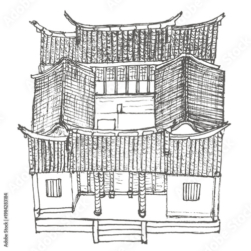 Hand-drawn Illustration of Fujian style courtyard house	