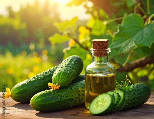 Fresh cucumbers & oil bottle on wood surface, with green foliage blurred in the background, sunny light