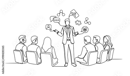Continuous one line drawing of business trainer teaching life and interpersonal skills to young CEOs in modern meeting scene