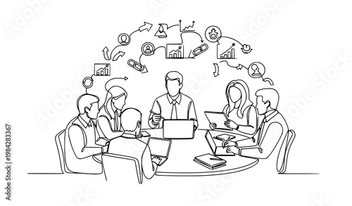 Single line art of collaborative business training session with young CEOs learning communication and leadership skills