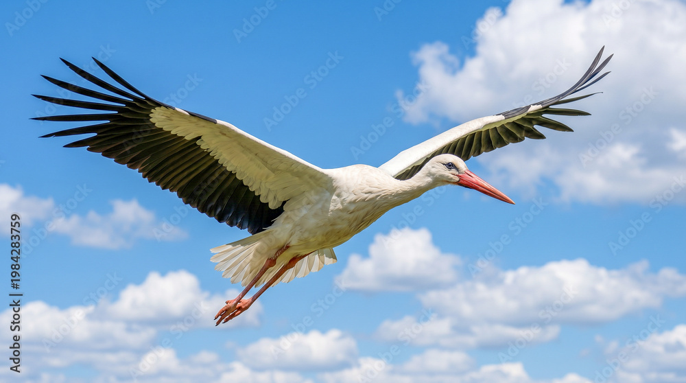 Obraz premium Fotografía hiperrealista de una cigüeña blanca volando con las alas extendidas contra un cielo azul vibrante con nubes blancas. Imagen de stock de alta resolución, luz natural, detalle plumaje nítido.
