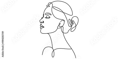 Continuous line drawing of a beautiful woman profile with elegant facial features and hair bun