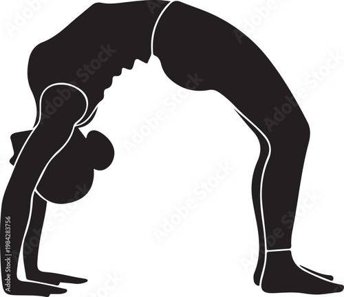 Person performing downward dog yoga pose with bent knees silhouette vector icon