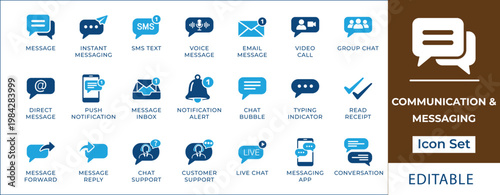 Communication and messaging icon set featuring instant messaging, voice message, video call, push notification, chat support, email, and social media interaction symbols.
