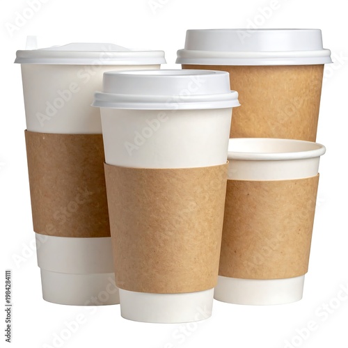 Paper cups with lids and sleeves, stacked, isolated on white background