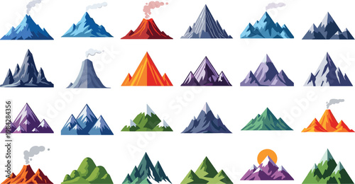 Vector Set of Mountain Landscapes Featuring Snow-Capped Peaks, Volcanoes, and Rolling Hills for Nature and Adventure Illustrations