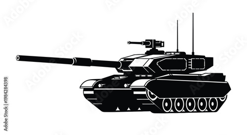 A stark black silhouette of a modern main battle tank is prominently displayed against a white background showcasing military power silhouette high quality professional