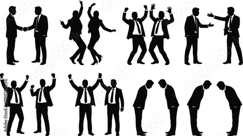 Set of business people silhouettes shaking hands celebrating success dancing arguing and bowing in formal suits isolated on white background