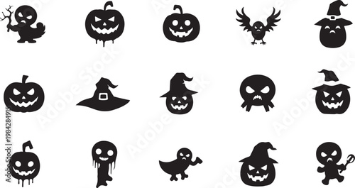 Halloween icons and symbols in black silhouette style