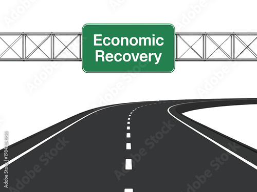 Green highway sign pointing towards economic recovery concept with a clear road ahead