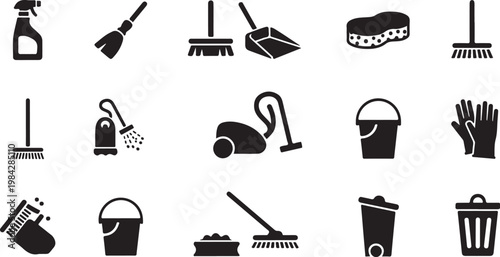 Cleaning tools and supplies icons on white background