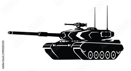A striking black silhouette depicts a modern main battle tank showcasing its powerful weaponry and armored design silhouette high quality professional detailed elegant stylish