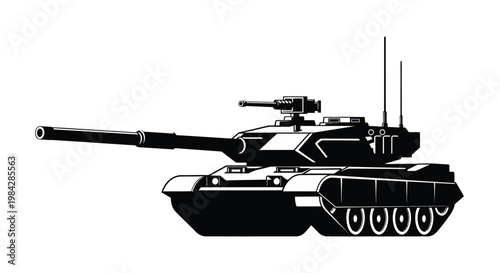 A striking black and white depiction of a modern main battle tank viewed from the side as a silhouette high quality professional detailed elegant