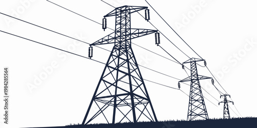 High voltage electricity pylons and transmission lines in a rural landscape with electricity transmission electrical infrastructure industrial distribution landscape