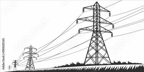 Electric power transmission towers and wires against a white background with electricity transmission electrical infrastructure industrial distribution landscape silhouette