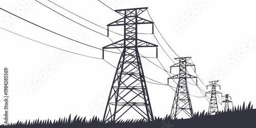 Series of electrical power transmission towers and high voltage lines with electricity transmission electrical infrastructure industrial distribution landscape silhouette