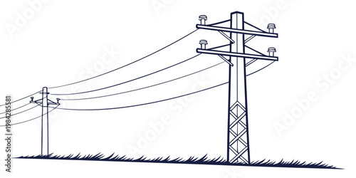 Single large electrical pylon and utility pole with transmission lines electricity transmission electrical infrastructure industrial distribution landscape silhouette