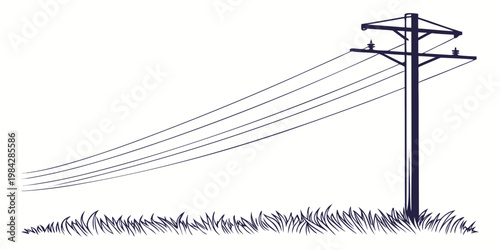 Graphic illustration of a wooden utility pole with overhead power lines and grass in a flat vector design electricity infrastructure transmission electric electrical isolated