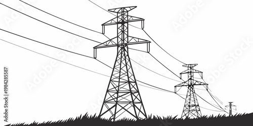 Electrical power pylons in a line with cables and rural field electricity transmission electrical infrastructure industrial distribution landscape silhouette illustration