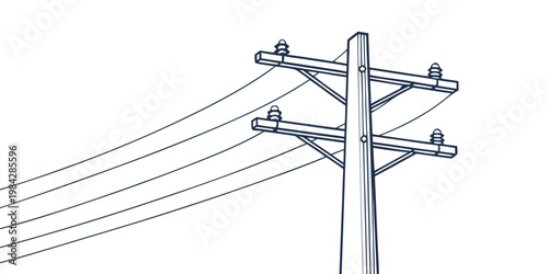 Minimalist graphic illustration of a double crossbar utility pole with transmission lines extending across a white background electricity crossbar transmission infrastructure