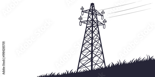 Electrical high voltage power grid transmission tower in a field with electricity transmission infrastructure insulators conductors distribution landscape industrial
