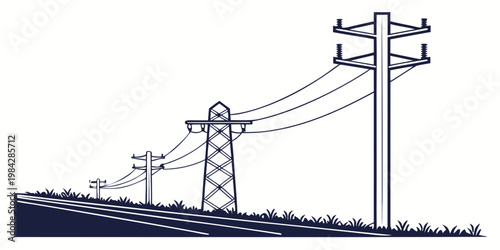 High voltage electrical transmission towers and power lines in a rural landscape with electricity transmission infrastructure landscape industrial conductors silhouette
