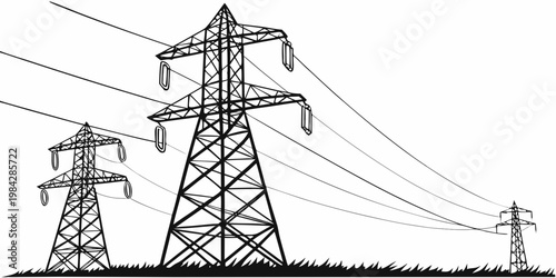 Black and white silhouette illustration of high voltage electrical transmission towers and power lines in a rural landscape with electricity transmission infrastructure electric