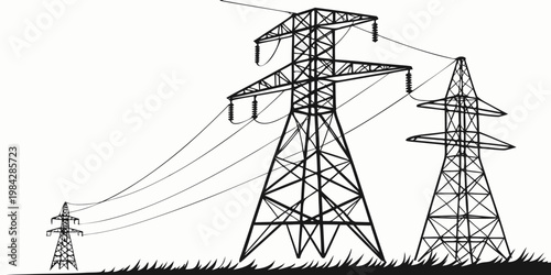 Illustration of electric pylons and power lines transmitting high voltage energy through a landscape with electricity transmission electric infrastructure industry engineering