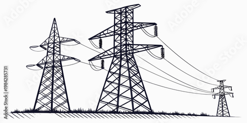 Graphic silhouette of large metal electricity pylons and transmission lines in a field setting with electricity transmission electric infrastructure industry industrial